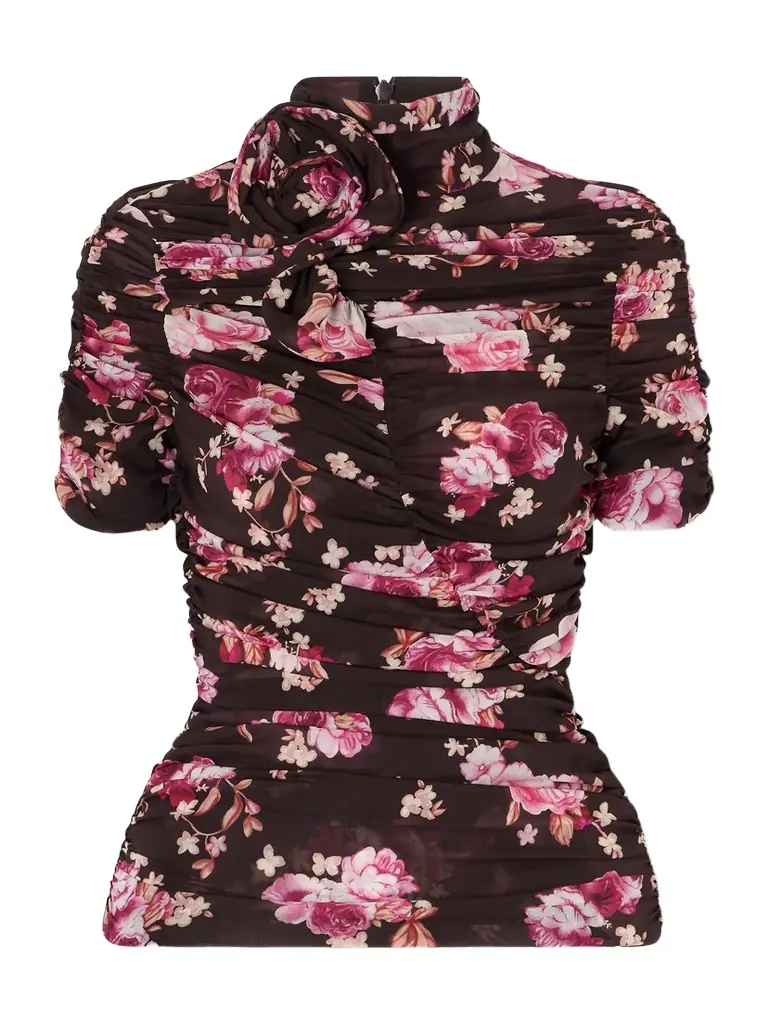 Magda Butrym Ruched Floral-print Stretch-silk Mock-neck Top