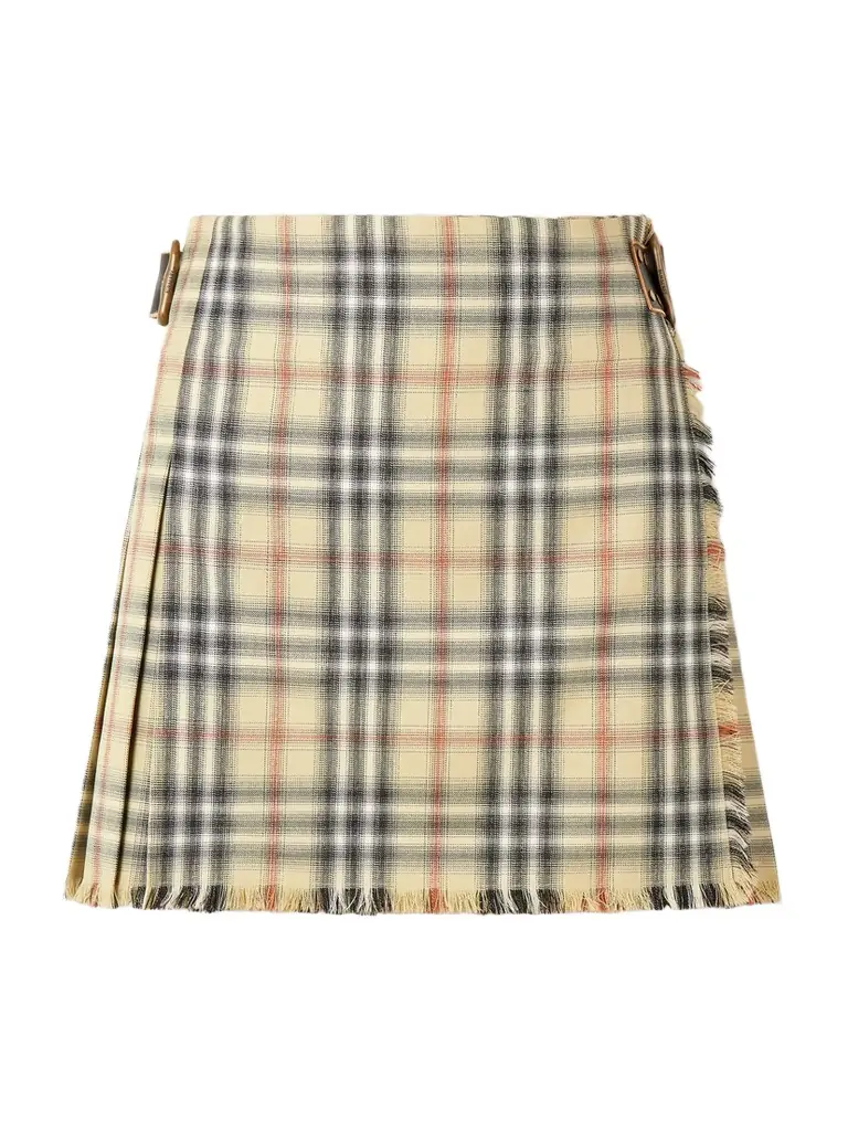 Burberry Leather-trimmed Pleated Checked Wool Mini Skirt