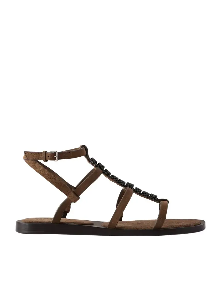 Brunello Cucinelli Bead-embellished Suede Slingback Sandals
