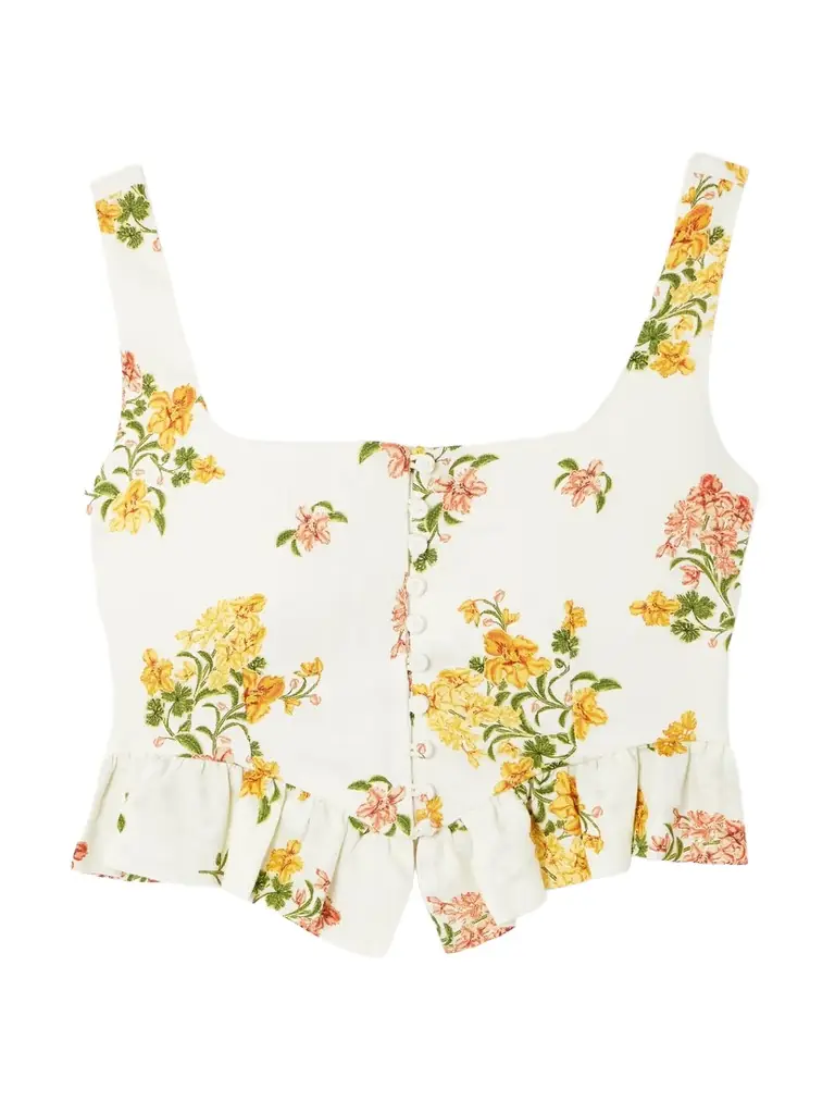 Agua by Agua Bendita Eslabón Cordillera Cropped Ruffled Floral-print Linen Top