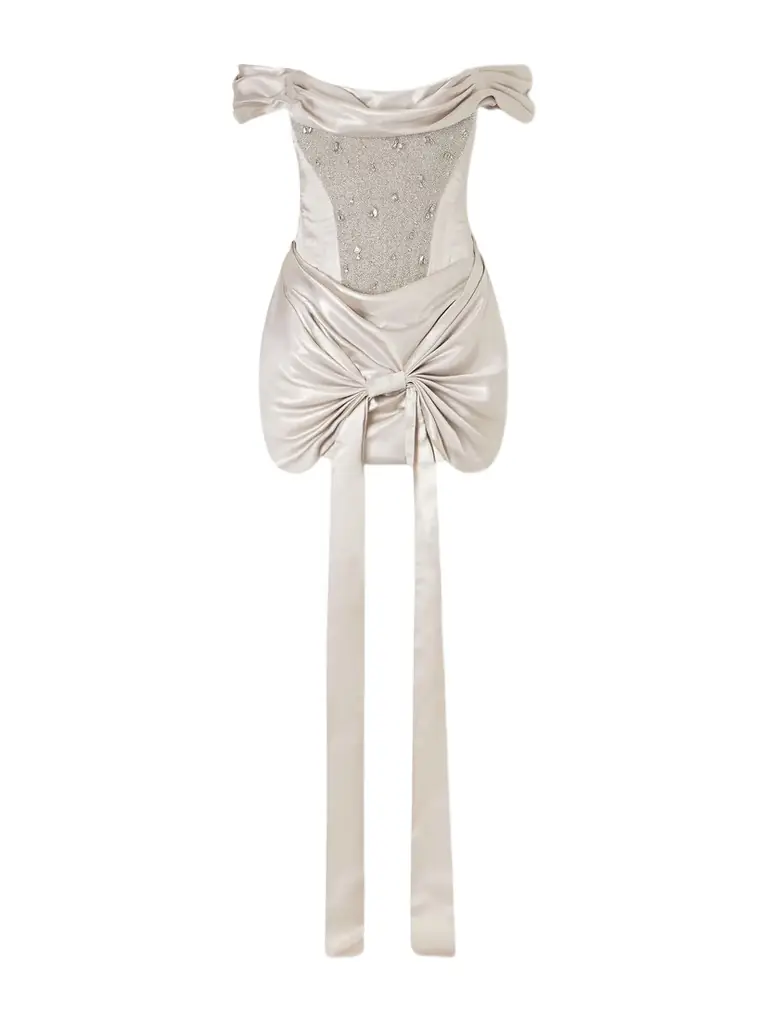 Clio Peppiatt Paloma Convertible Draped Embellished Satin Mini Dress