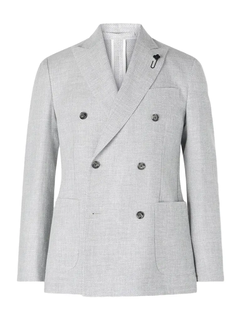 Lardini Roma Slim-Fit Embellished Double-Breasted Wool and Linen-Blend Blazer - Men