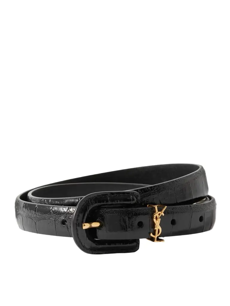 Saint Laurent Cassandre Embellished Croc-effect Leather Belt