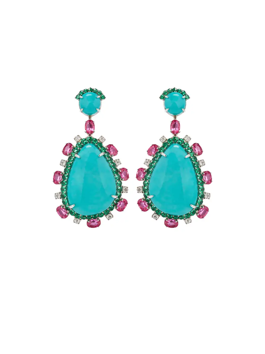 Wish Fine Jewelry 37ct Turquoise Diamond Emerald Tourmaline 14K Gold Drop Earrings