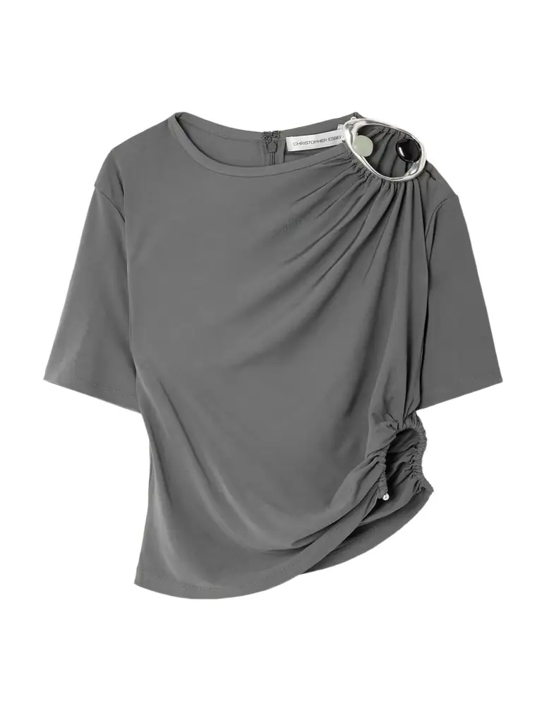 Christopher Esber Orica Cropped Asymmetric Embellished Ruched Jersey T-shirt