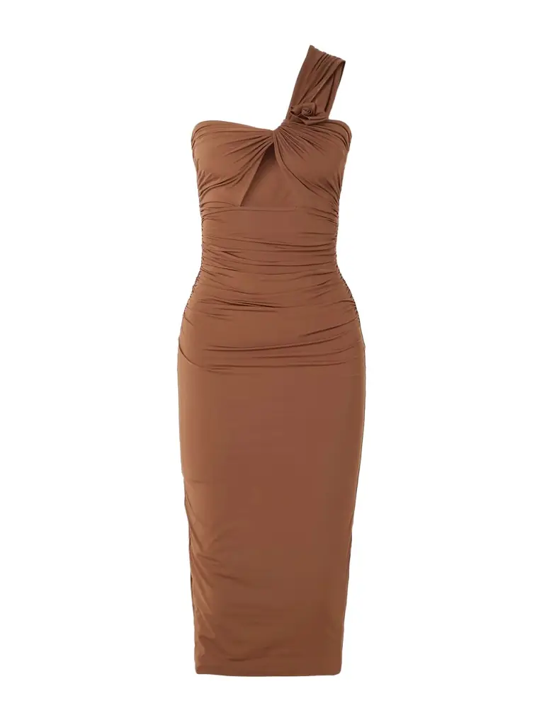 Maygel Coronel Arcano One-shoulder Appliquéd Cutout Ruched Stretch-jersey Midi Dress