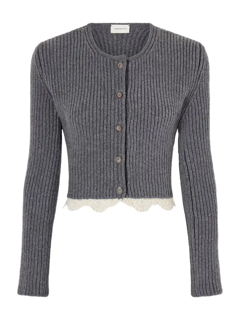 Magda Butrym Cropped Lace-trimmed Ribbed Wool Cardigan