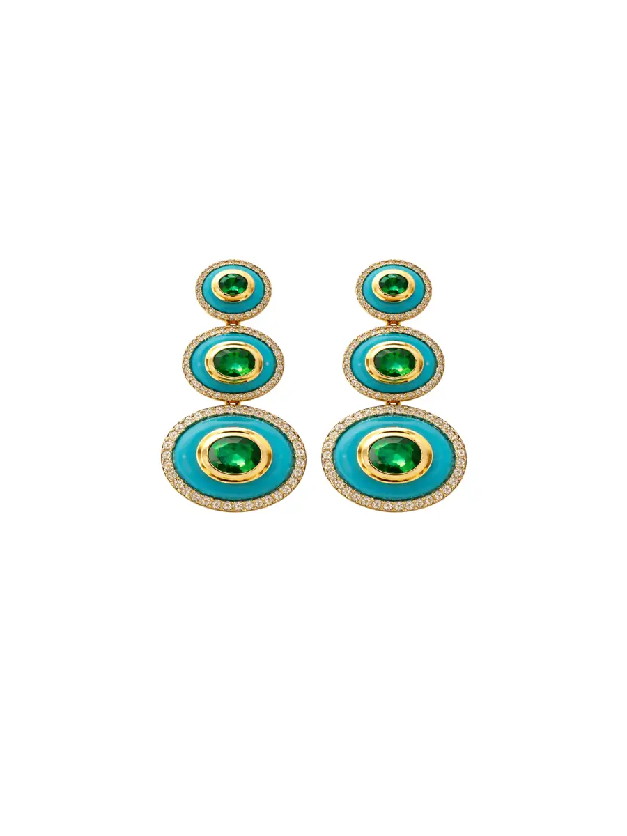 Wish Fine Jewelry 22.196ct Diamond Emerald Turquoise 18K Gold Cab Oval Earrings