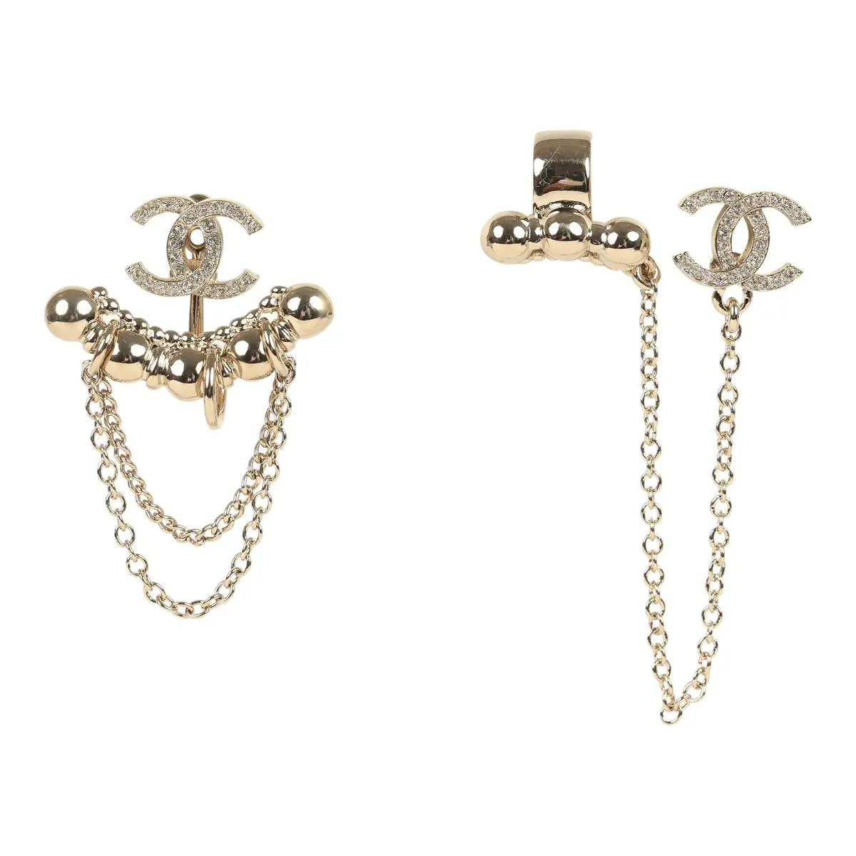 Chanel Chanel Crystal CC Dangle & Chain Link Ear Cuff Earrings Light Gold Tone Hardware
