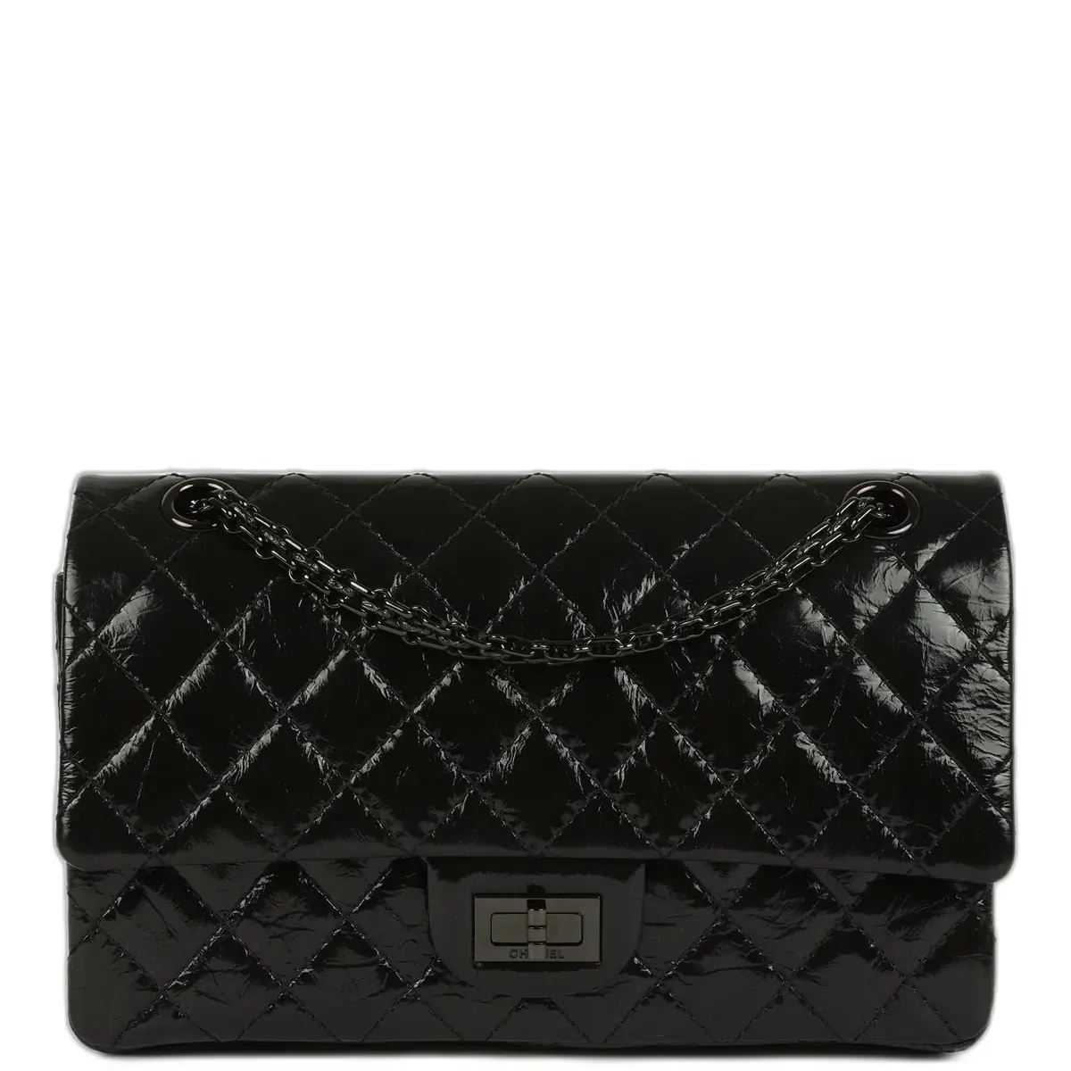 Chanel Pre-owned Chanel Small Reissue 225 2.55 Double Flap Bag So Black Shiny Crumpled Calfskin Black Hardware