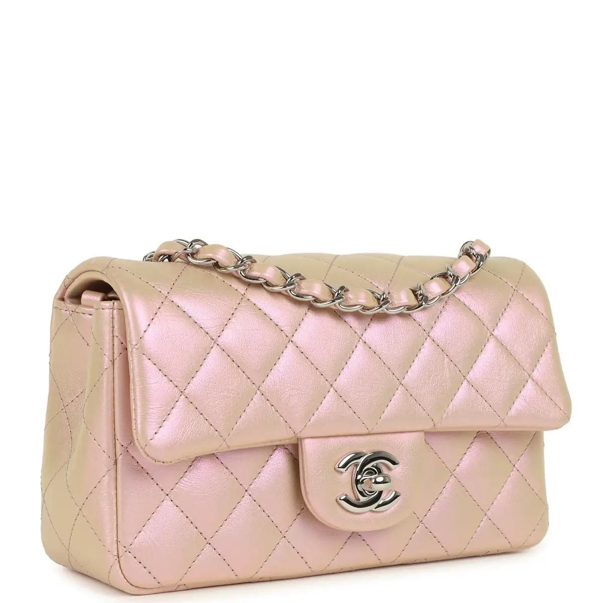 Chanel Chanel Mini Classic Rectangular Flap Bag Pink Iridescent Calfskin Silver Hardware - back view in Pink