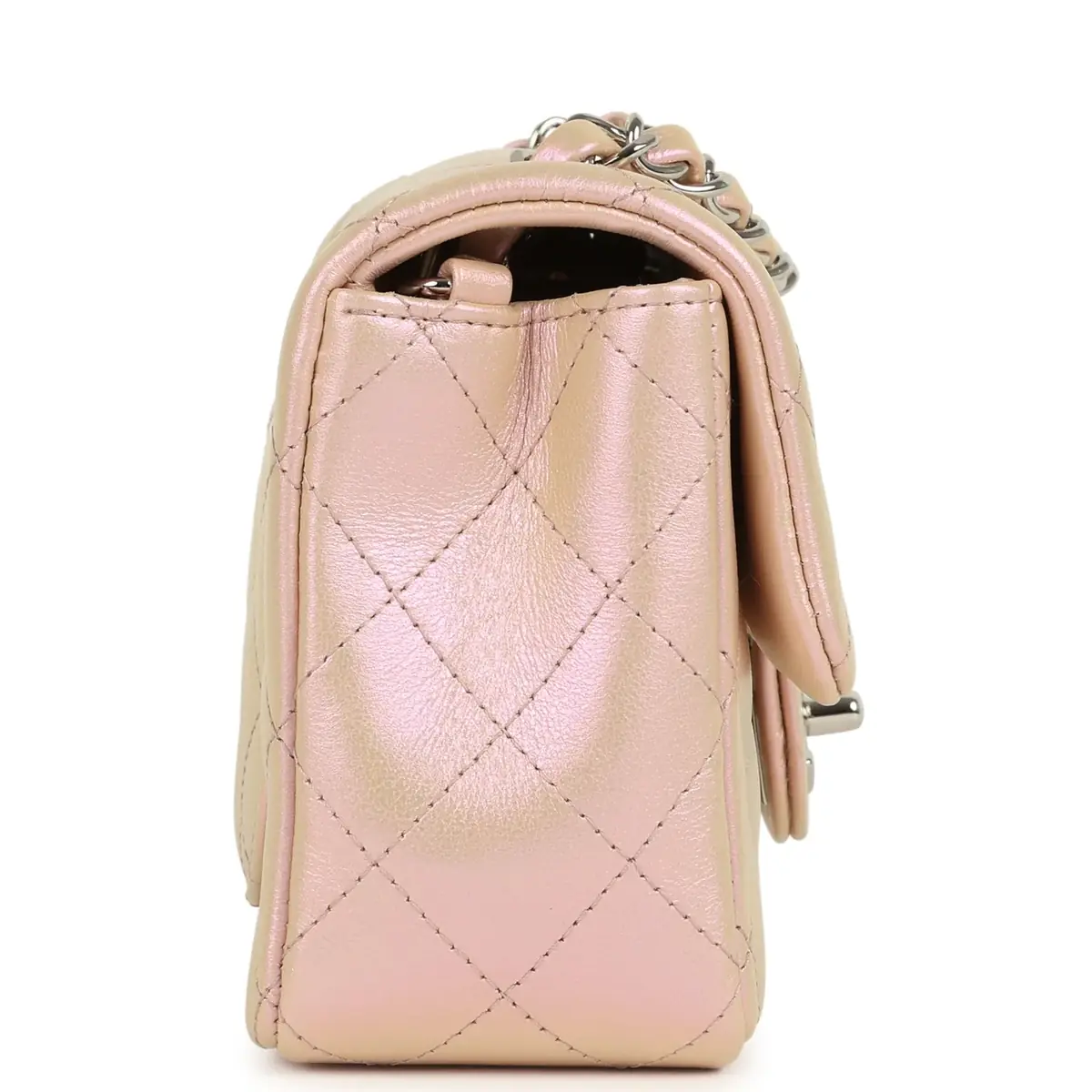 Chanel Chanel Mini Classic Rectangular Flap Bag Pink Iridescent Calfskin Silver Hardware - side view in Pink