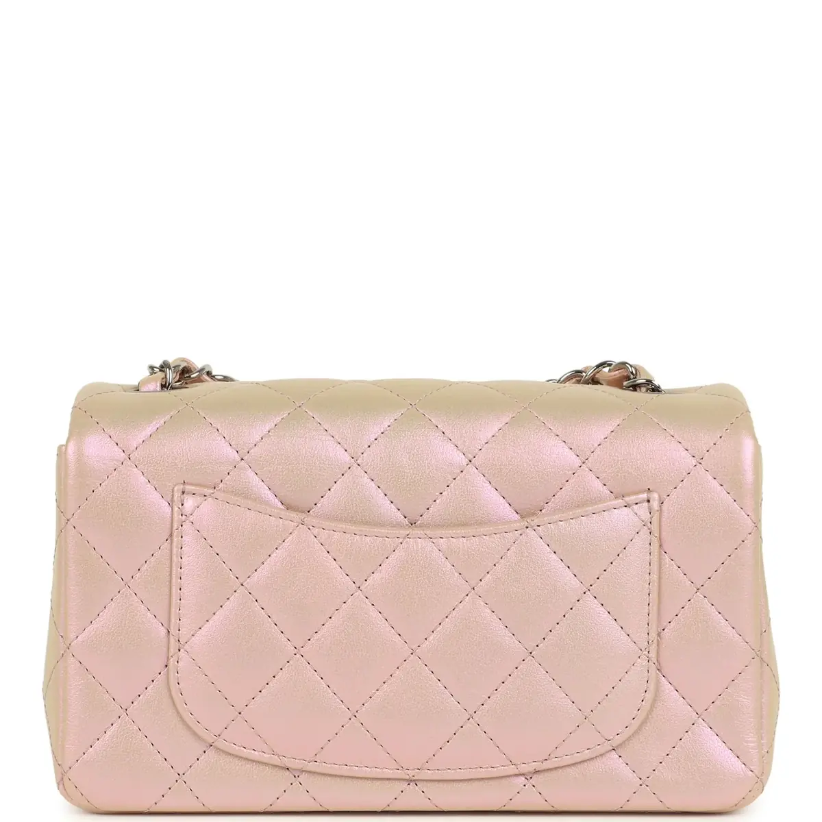 Chanel Chanel Mini Classic Rectangular Flap Bag Pink Iridescent Calfskin Silver Hardware - detail view in Pink