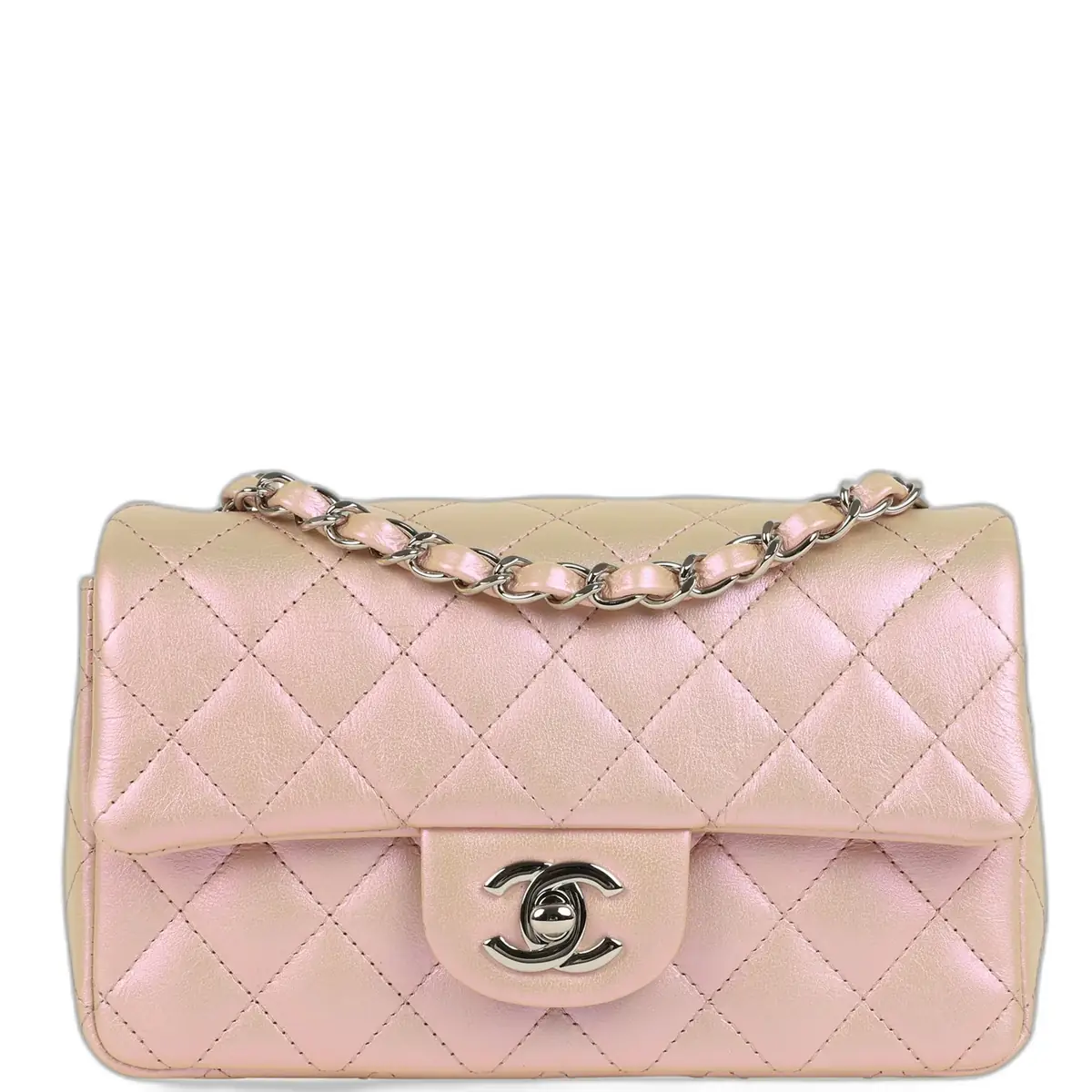 Chanel Chanel Mini Classic Rectangular Flap Bag Pink Iridescent Calfskin Silver Hardware - Women's Bags