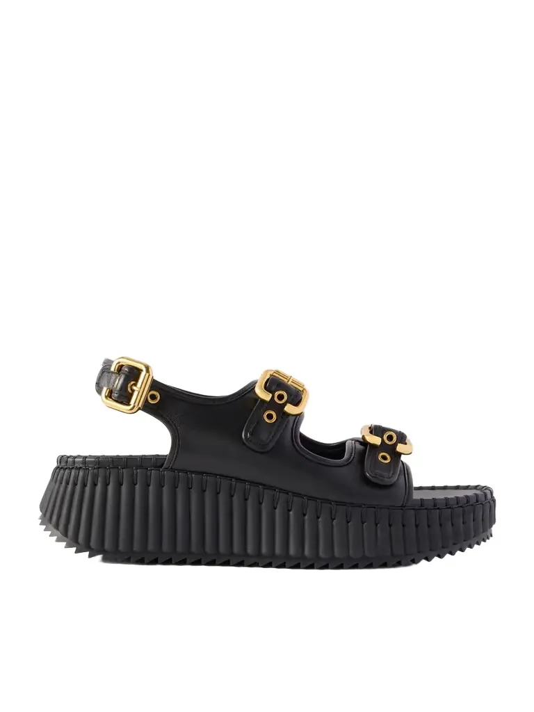 Chloé Nama Buckled Leather Wedge Sandals