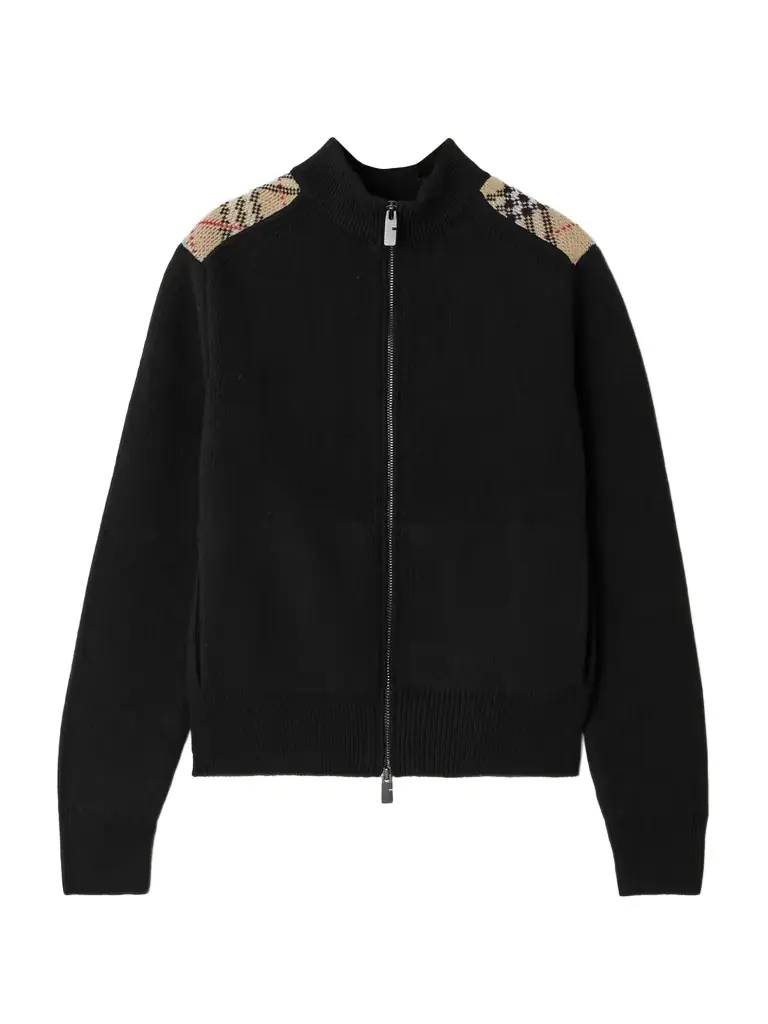 Burberry Checked Ribbed Wool And Cashmere-blend Turtleneck Cardigan