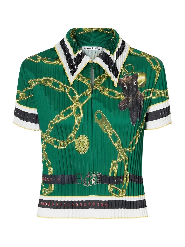 Acne Studios Syndia Pleated Printed Twill Polo Shirt