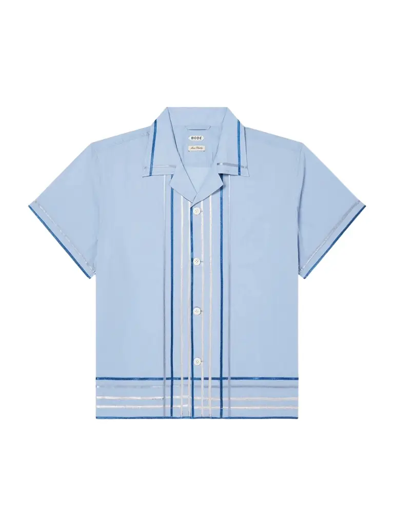BODE Ribbon Plaid Camp-Collar Satin-Trimmed Cotton-Poplin Shirt - Men