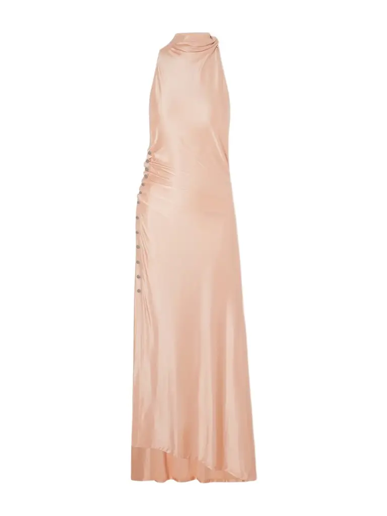 Rabanne Embellished Gathered Satin Midi Dress