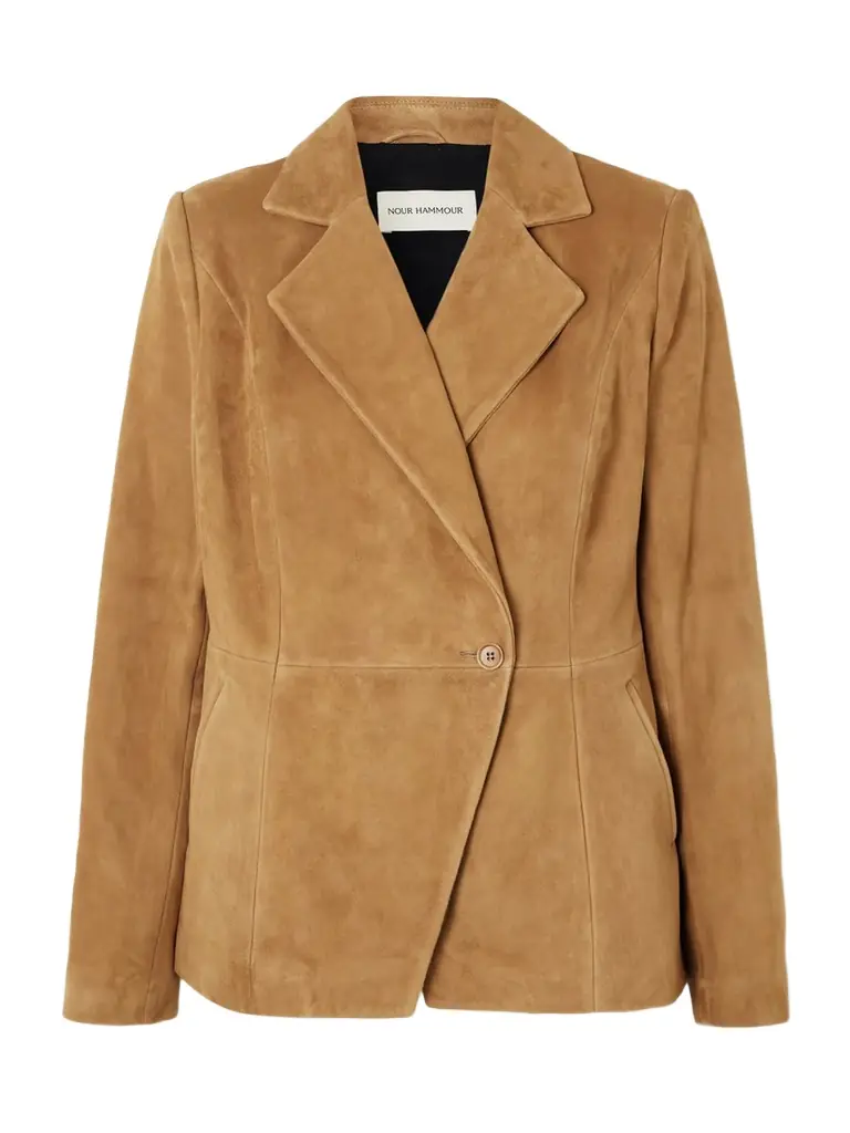 Nour Hammour Double-breasted Paneled Asymmetric Brushed-suede Blazer