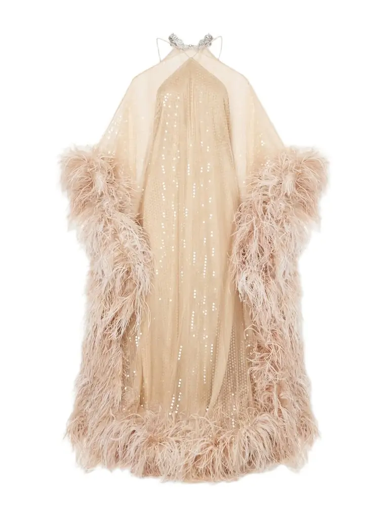Taller Marmo Sza Sza Disco Embellished Feather-trimmed Tulle Gown