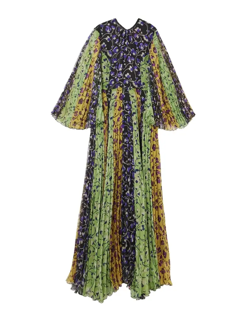 La DoubleJ Angel Pleated Printed Chiffon Maxi Dress
