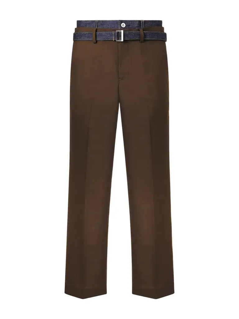 Sacai Straight-Leg Belted Denim-Trimmed Woven Trousers - Men