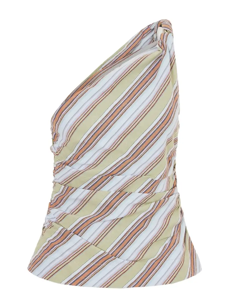 Faithfull Aurora One-shoulder Gathered Striped Cotton And Linen-blend Top