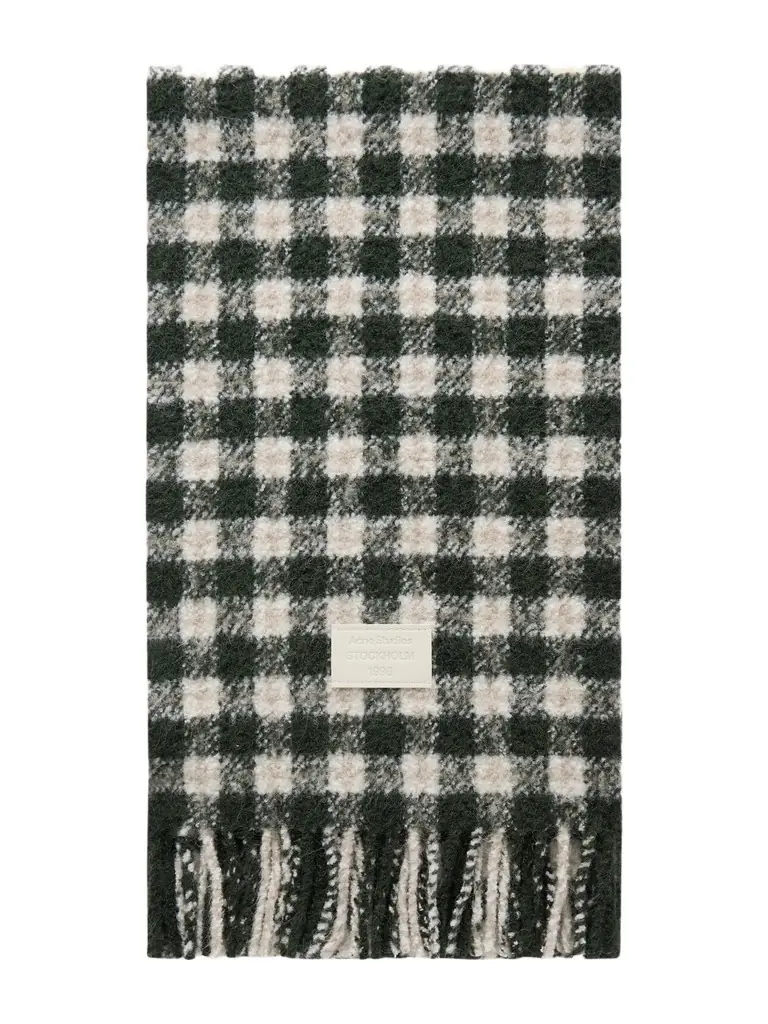 Acne Studios Fringed Leather-trimmed Checked Brushed-knit Scarf
