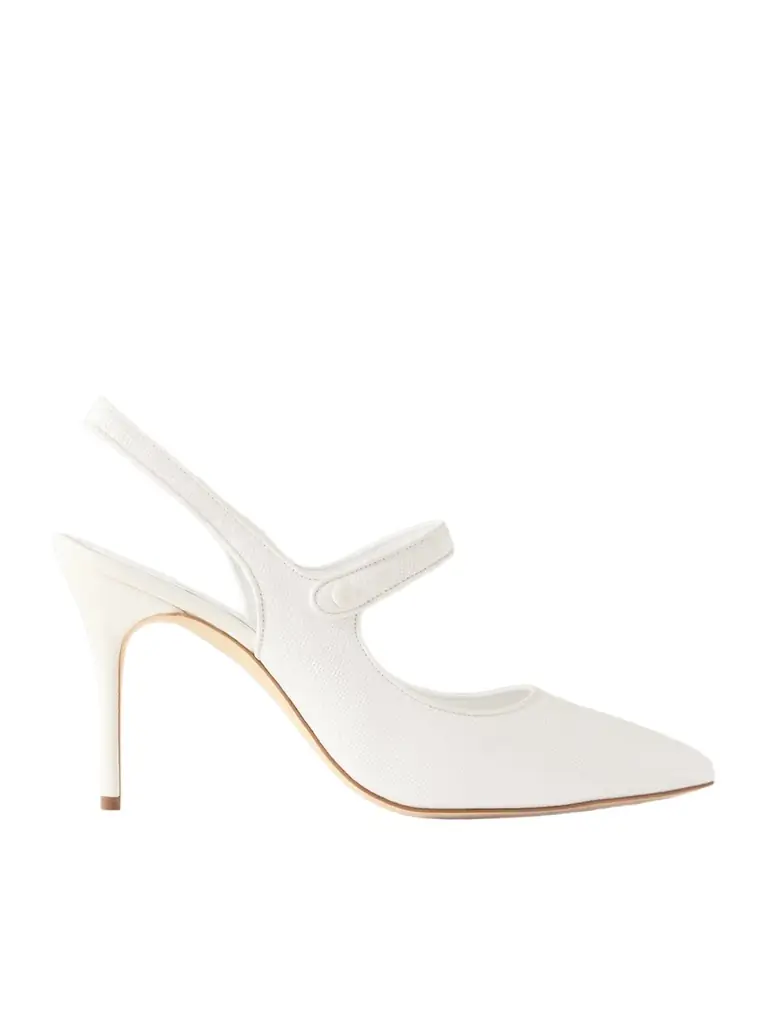 Manolo Blahnik Camparisli 90 Leather-trimmed Raffia Mary Jane Slingback Pumps