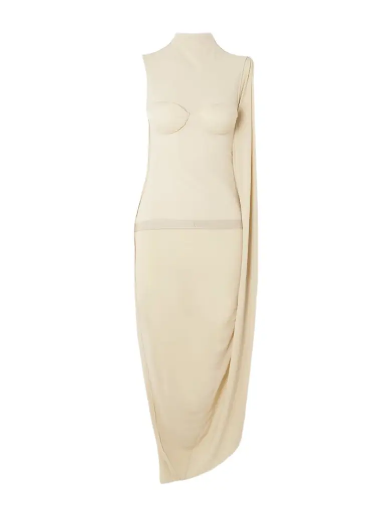 Jean Paul Gaultier Asymmetric Draped Appliquéd Mesh And Stretch-jersey Dress