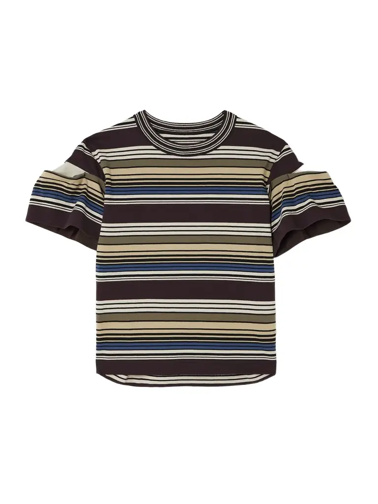 Sacai Piqué-paneled Pleated Striped Cotton T-shirt