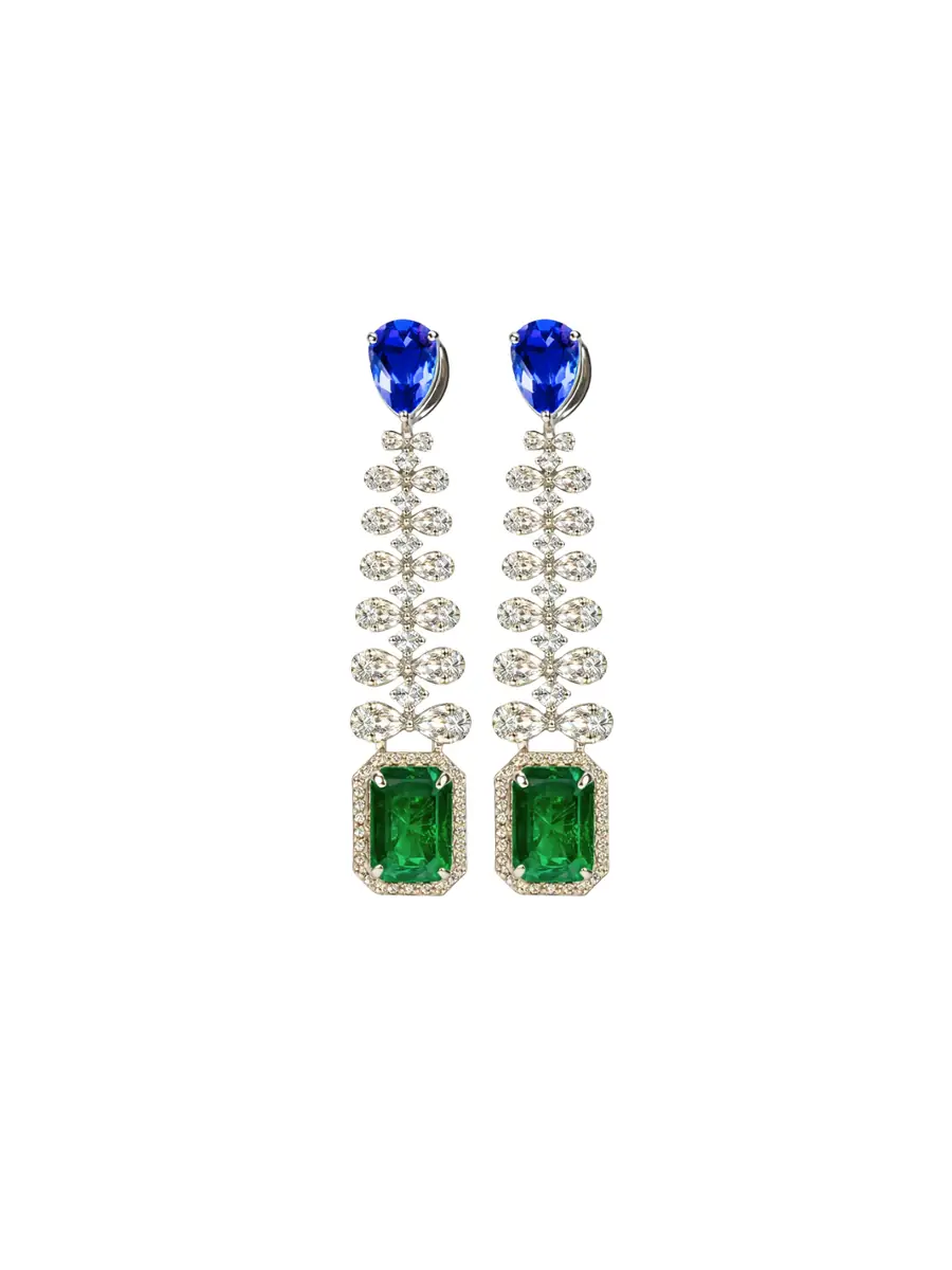 Wish Fine Jewelry 12.26ct Diamond Emerald Sapphire 18K Gold Dangle Drop Earring