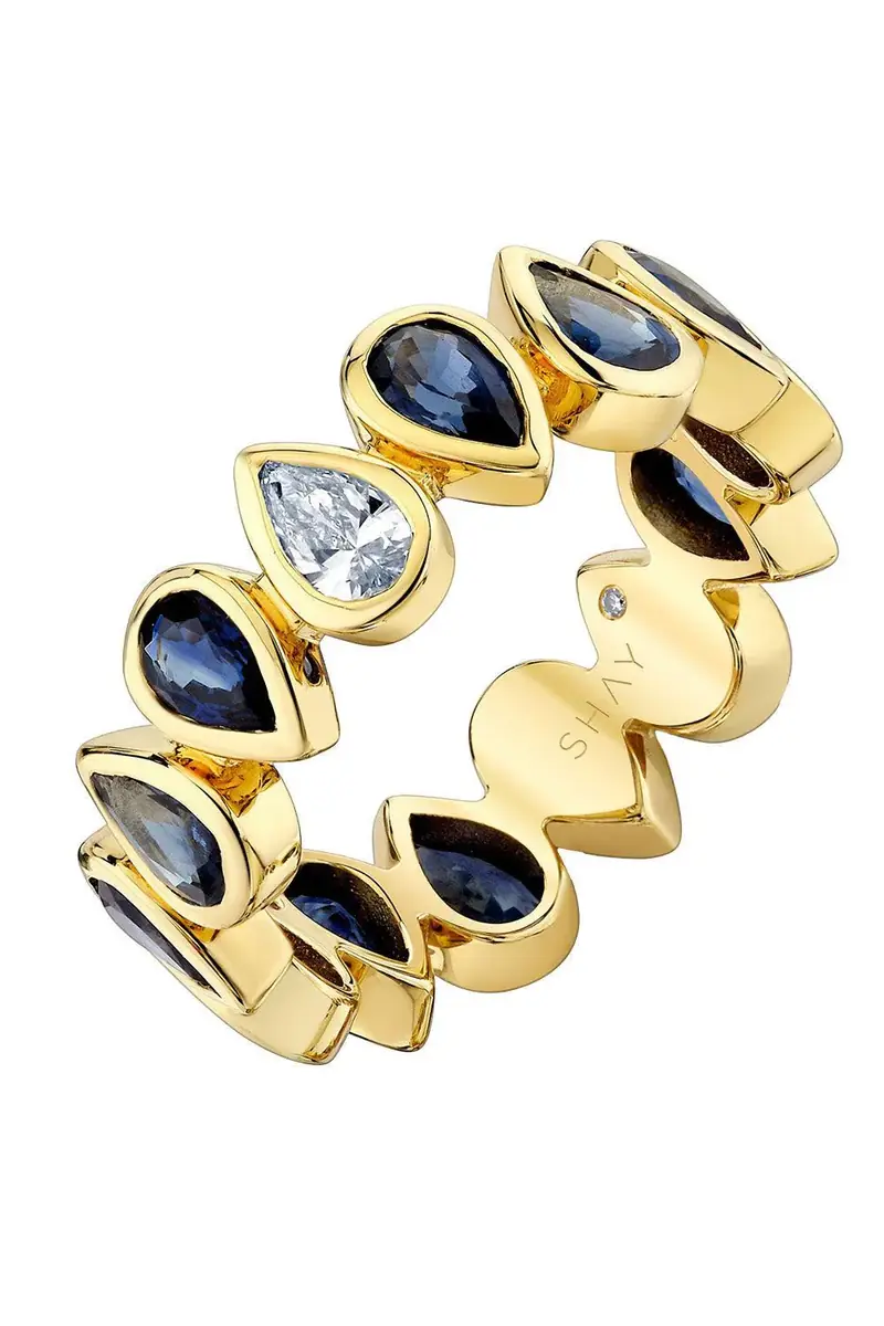 SHAY JEWELRY Blue Sapphire Diamond Pear Bezel Band Ring
