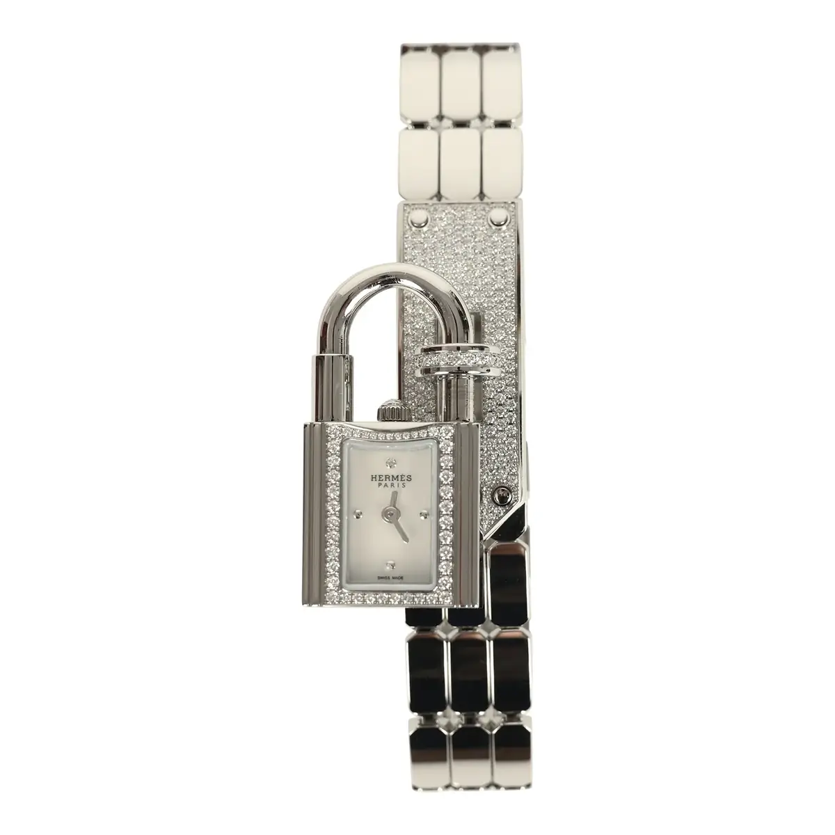 hermes Hermes Kelly Watch Mini Model 16mm White Mother of Pearl, Stainless Steel Hardware and White Diamonds
