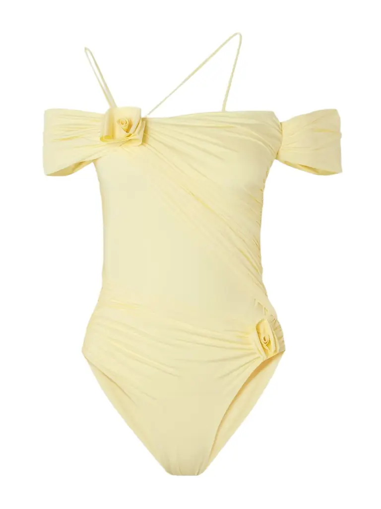 Maygel Coronel Fiorella Off-the-shoulder Appliquéd Ruched Swimsuit