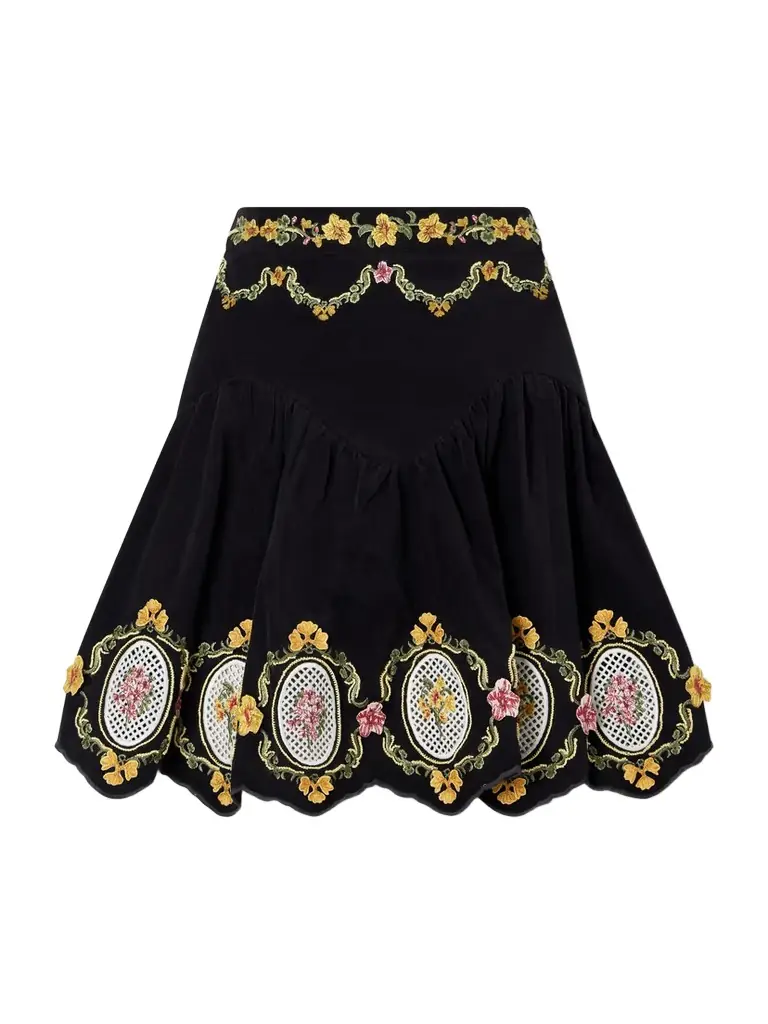 Agua by Agua Bendita Asai Cordillera Scalloped Embroidered Cotton-blend Velvet Mini Skirt