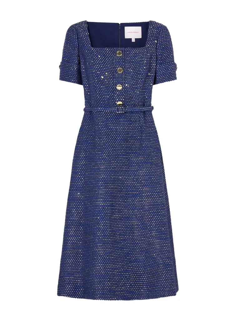 Carolina Herrera Belted Metallic Cotton-blend Tweed Midi Dress