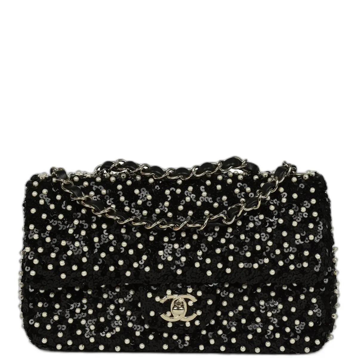 Chanel Chanel Small Pearl Beaded Flap Bag Black and White Sequins Light Gold Hardware