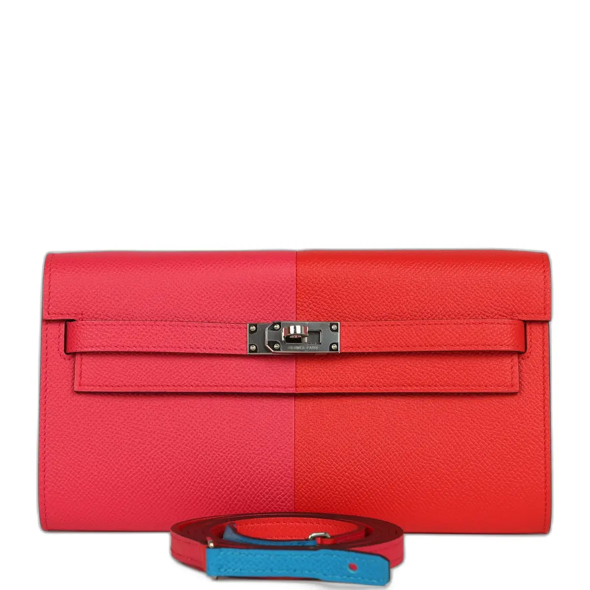 hermes Hermes Kelly Wallet To Go Casaque Rouge De Coeur, Rose Extreme and Bleu Zanzibar Epsom Palladium Hardware