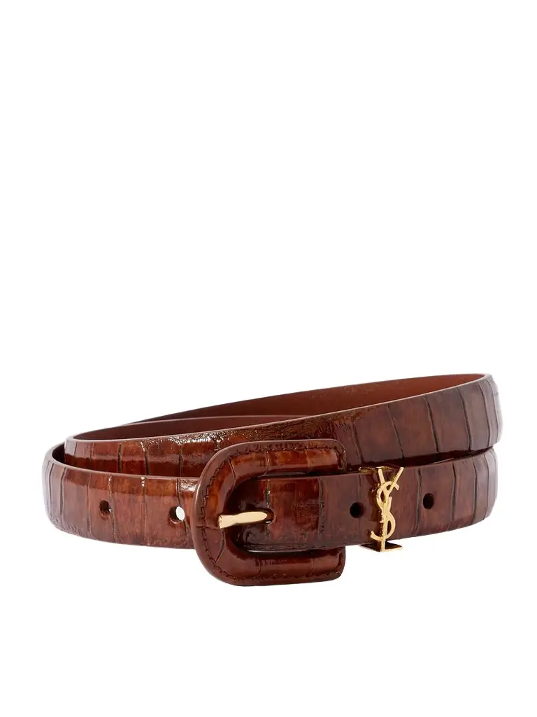 Saint Laurent Cassandre Embellished Croc-effect Leather Belt