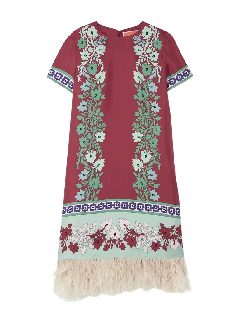 La DoubleJ Swing Feather-trimmed Printed Silk-twill Mini Dress