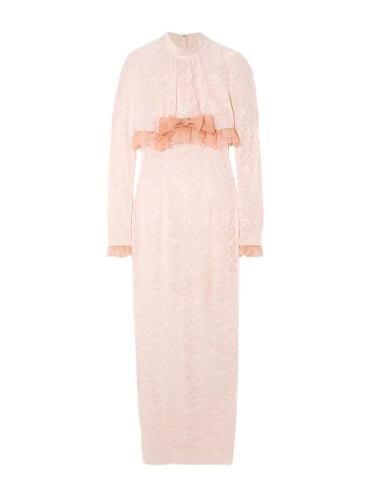 Alessandra Rich Bow-embellished Ruffled Silk Organza-trimmed Stretch-lace Gown