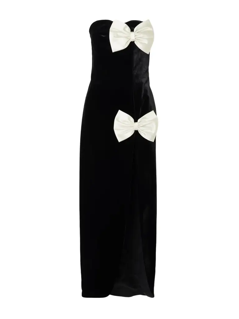 Alessandra Rich Strapless Bow-embellished Duchesse Satin-trimmed Velvet Gown