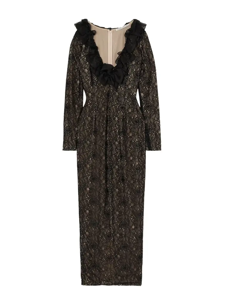 Alessandra Rich Bow-embellished Ruffled Silk Organza-trimmed Lace Midi Dress