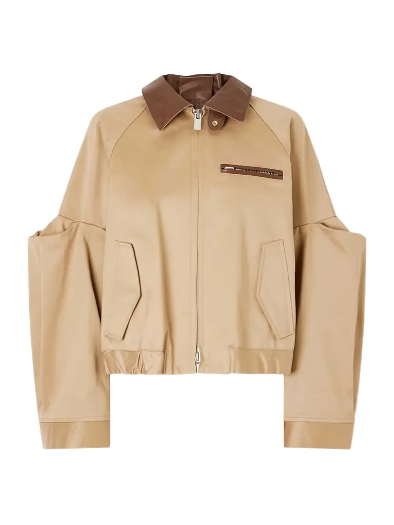 Sacai Pleated Leather-trimmed Cotton-twill Jacket