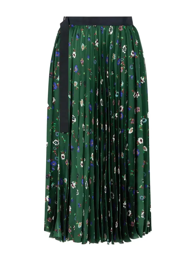 Sacai Belted Grosgrain-trimmed Pleated Floral-print Satin Midi Skirt
