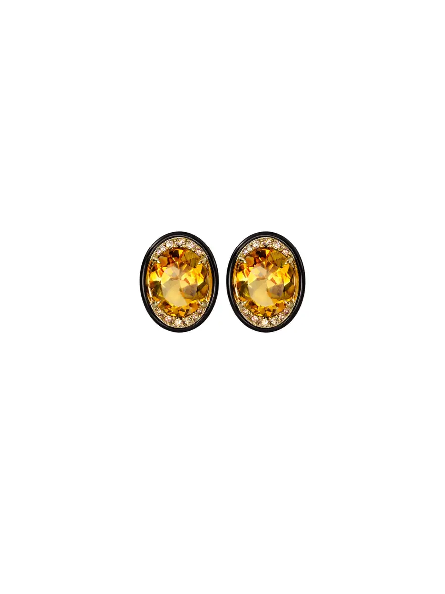 Wish Fine Jewelry 10.706ct Citrine Black Onyx Brown Diamonds 18K Gold Halo Stud Earrings