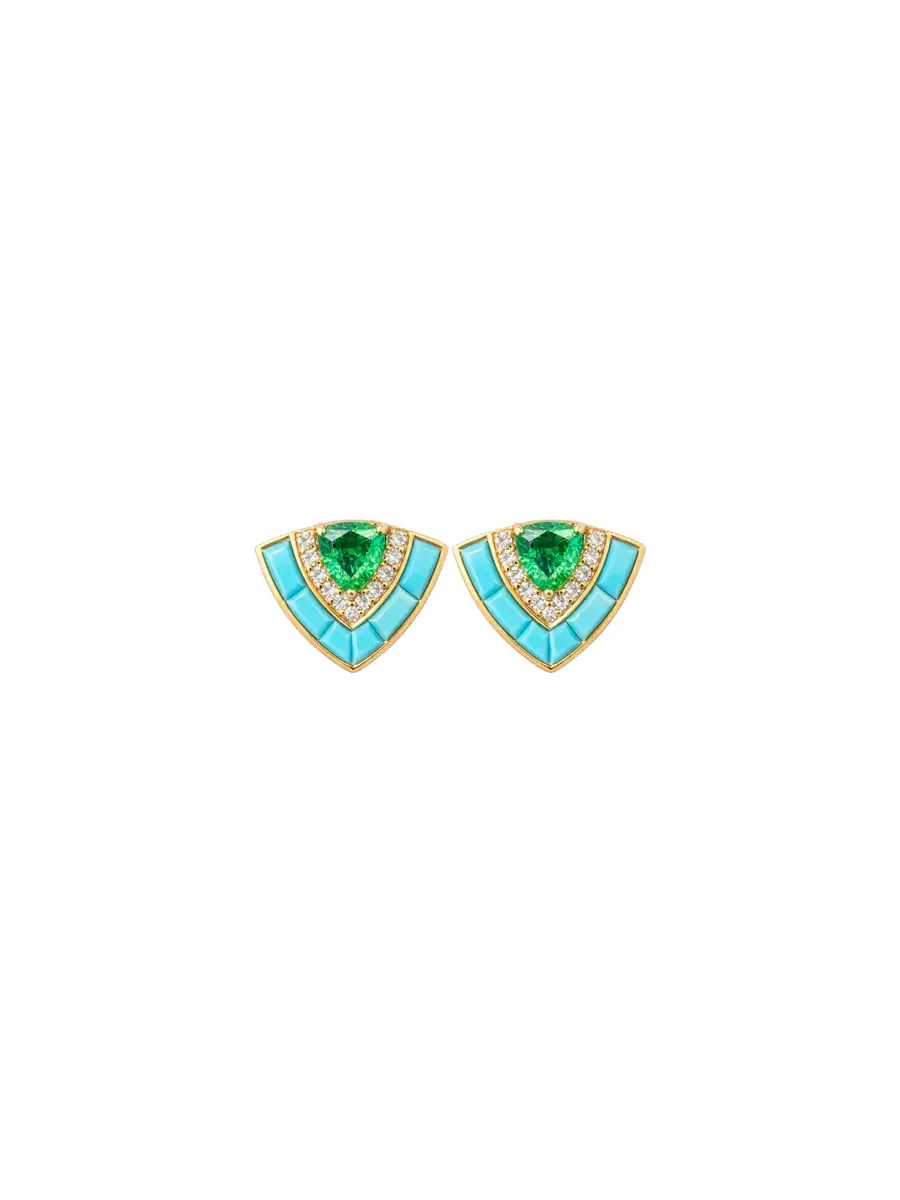 Wish Fine Jewelry 2.2225ct Diamond Emerald Turquoise 18K Gold Stud Earrings