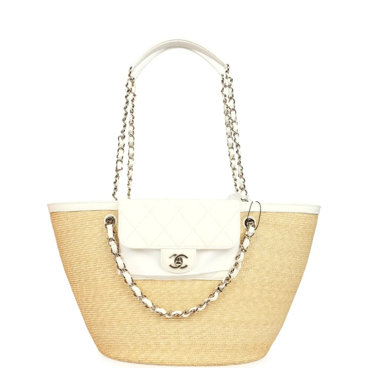 Chanel Chanel Large Shopping Tote Bag Beige Raffia and White Lambskin Light Gold Hardware